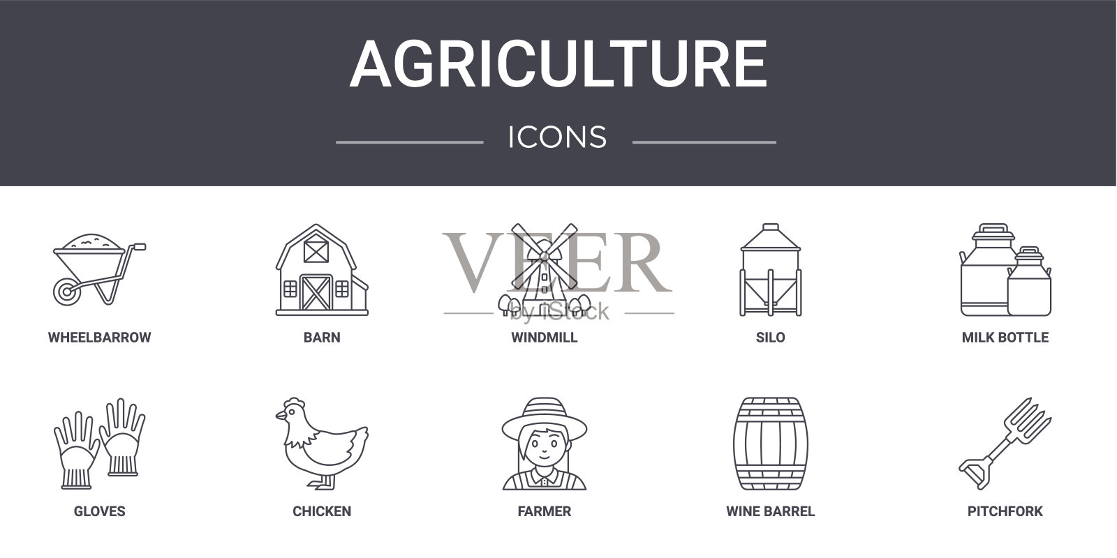 农业概念线图标集。包含图标可用于web，标志，ui/ux，如谷仓，筒仓，手套，农民，酒桶，干草叉，奶瓶，风车图标素材