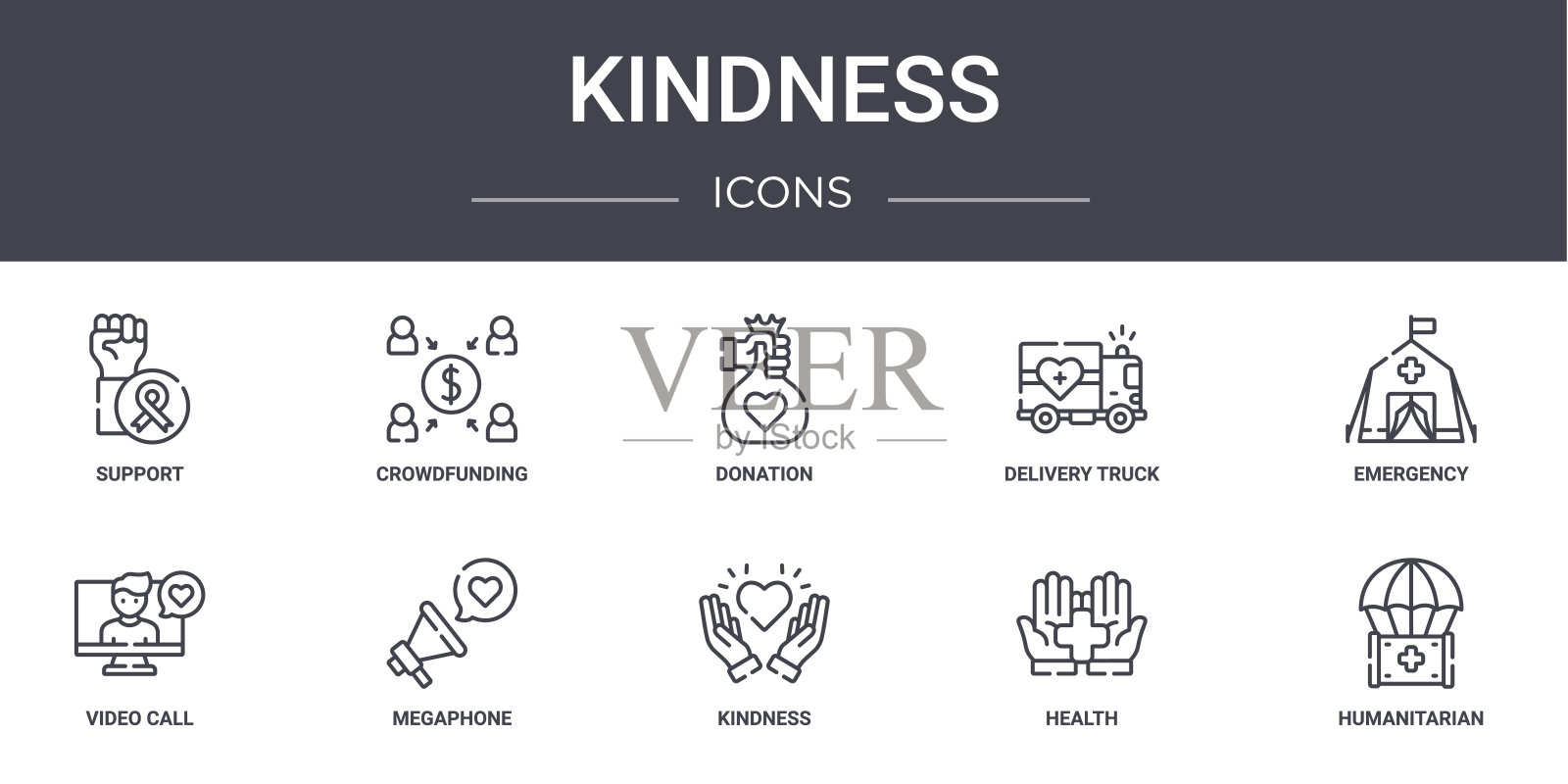 善良概念线图标设置。包含图标可用的web，标志，ui/ux，如众筹，送货卡车，视频呼叫，善良，健康，人道主义，紧急情况，捐赠图标素材