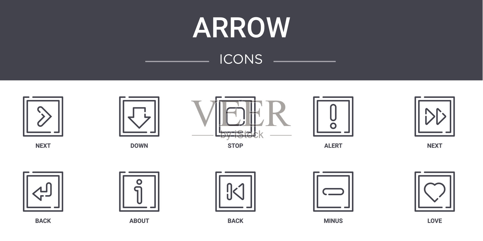 箭头概念线图标集。包含图标，可用于web，徽标，ui/ux，如下，警报，返回，返回，减去，爱，下，停止图标素材