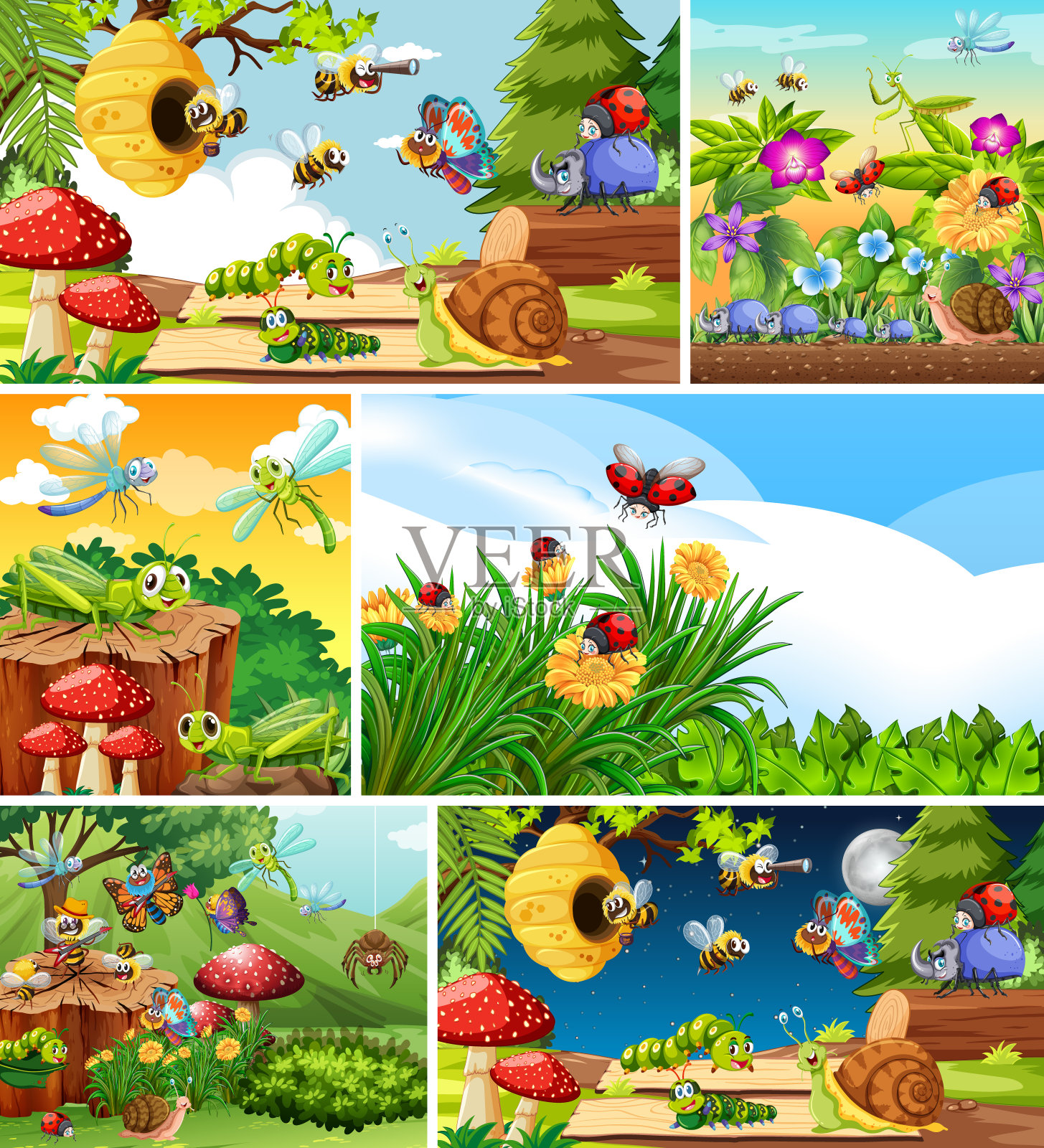 一组不同的昆虫生活在花园的背景插画图片素材