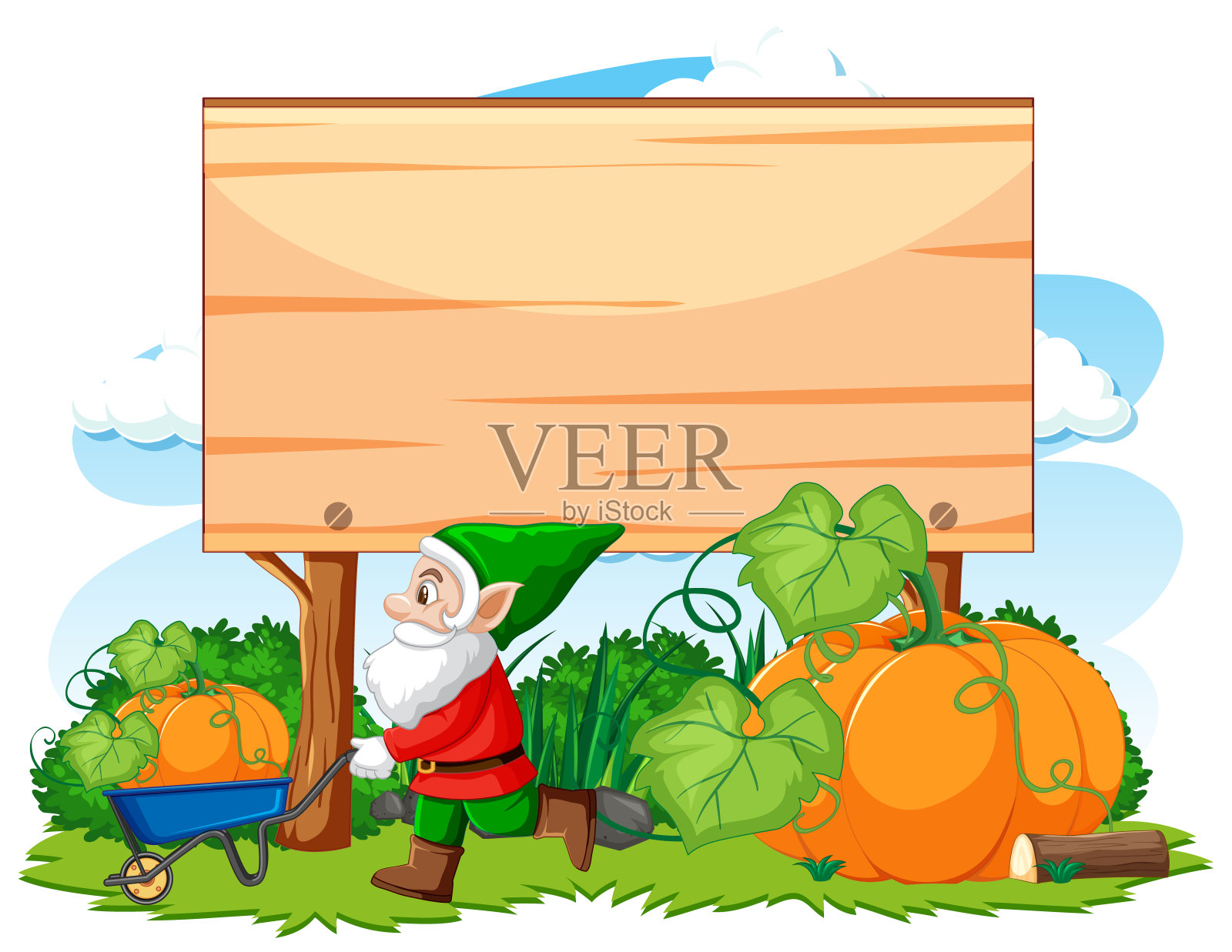 侏儒收获南瓜与空白横幅卡通风格的白色背景插画图片素材