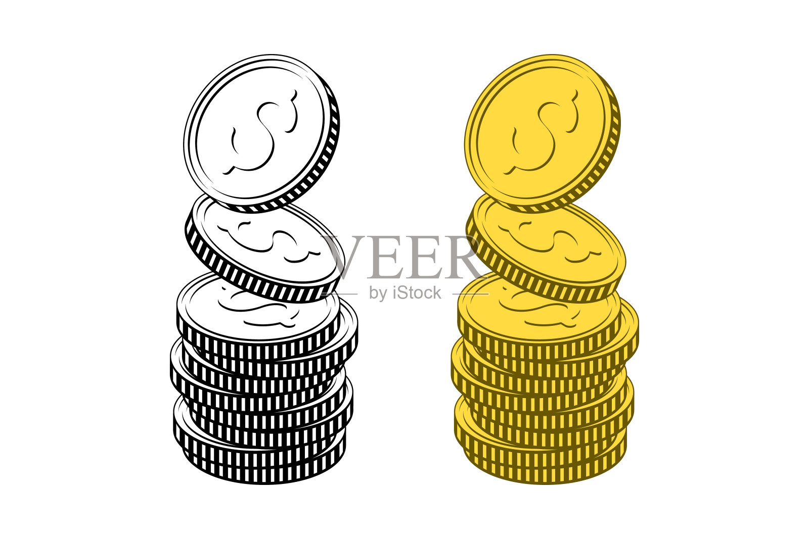一堆堆带有美元符号的硬币，在白色的背景下孤立起来插画图片素材