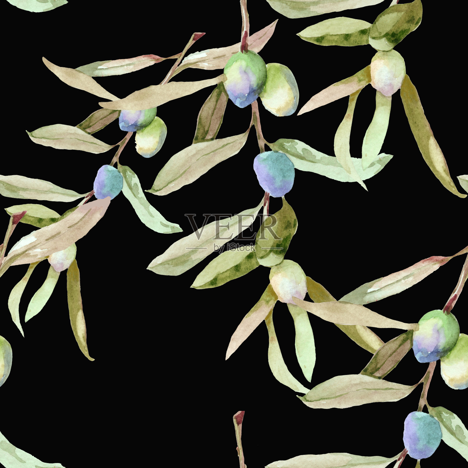 水彩橄榄枝上黑色背景无缝图案插画图片素材
