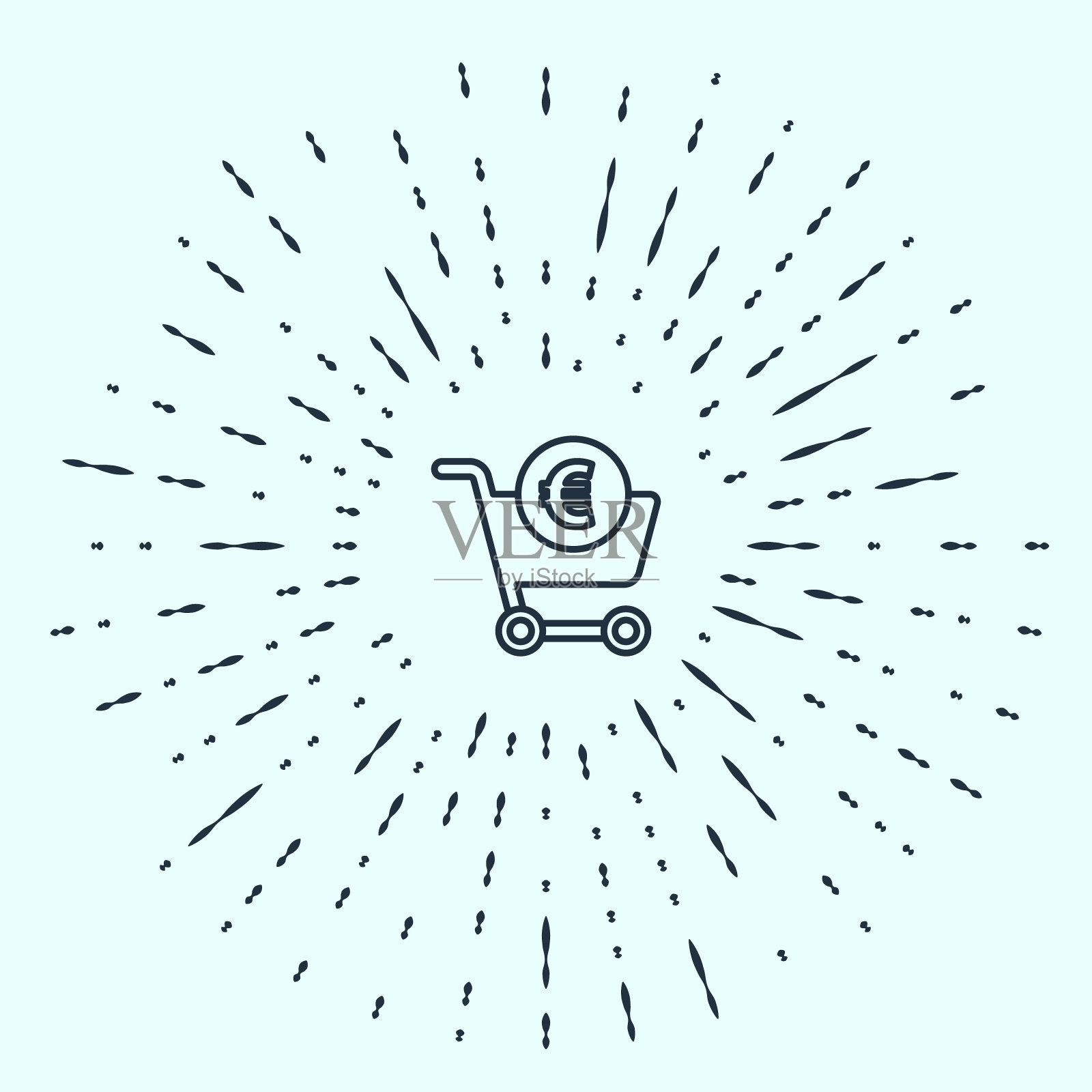 黑色线购物车和欧元符号图标孤立在灰色背景。网上购物的概念。送货服务。购物车。抽象的圆随机点。矢量图设计元素图片