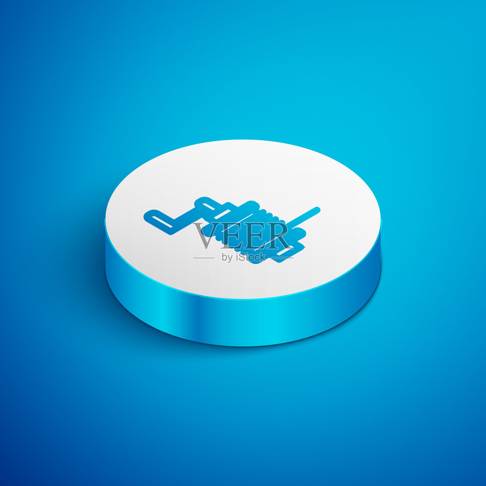 垂钓图标的旋转卷轴，隔离在蓝色背景上。钓鱼线圈。渔具。白色的圆按钮。向量图标素材