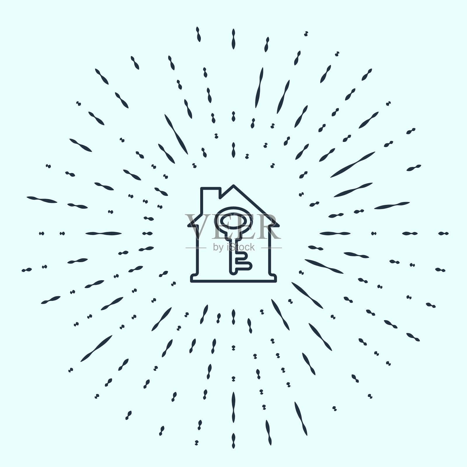 黑线房子与关键图标孤立在灰色背景。房子看守的概念。抽象的圆随机点。向量插画图片素材