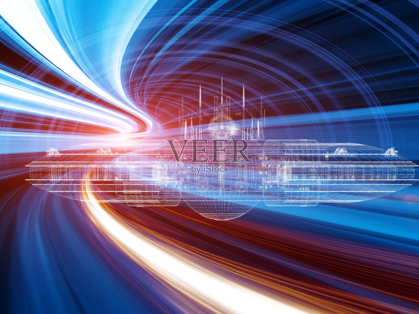 外星飞船在城市上空飞行，照片摄影图片