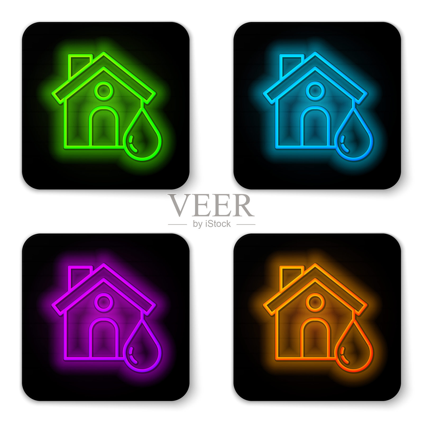 发光的霓虹灯线：房屋洪水图标，在白色背景上隔离。房屋在水下淹没。保险概念。安全、保障、保护概念图标素材