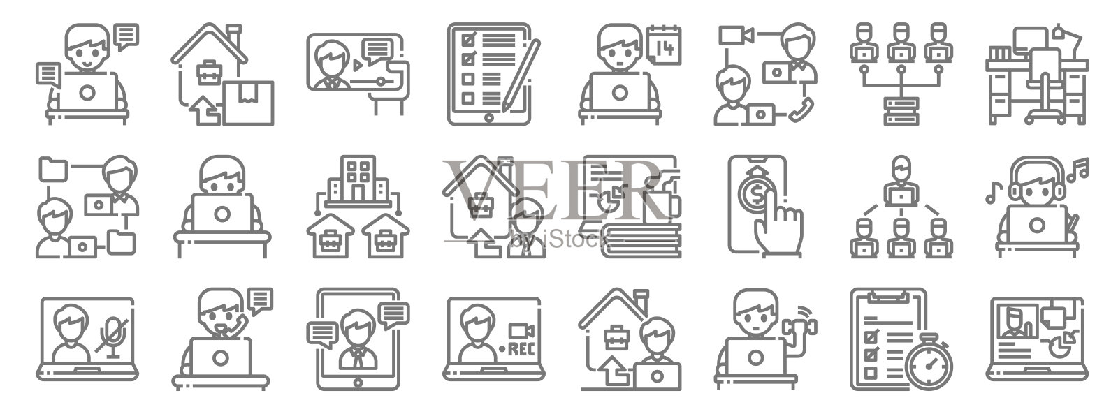 家线图标。线性集。视频通话、健身、录音、静音、团队合作、网络、桌面、日历、家居配送等品质矢量线集图标素材