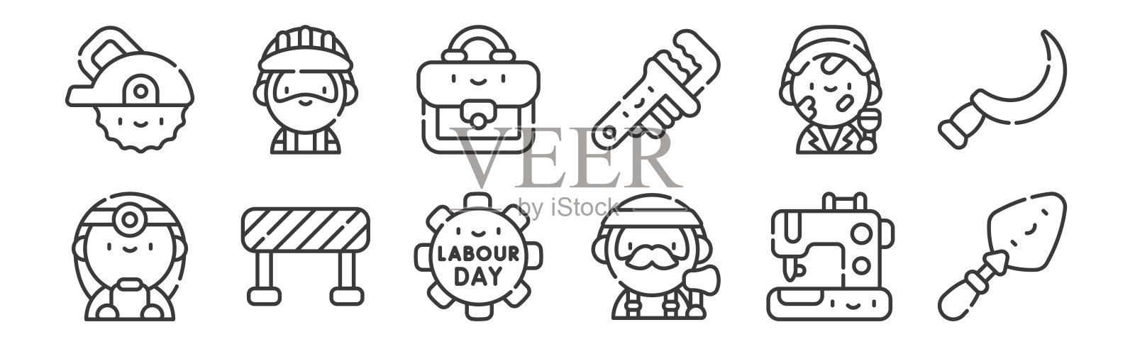 12套线性劳动节图标。细轮廓图标，如镘刀，伐木工，障碍，油漆工，公文包，建设者的网页，移动。插画图片素材