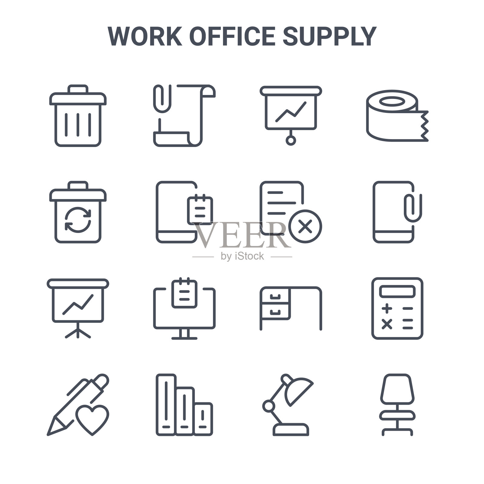 一组16工作办公室供应概念矢量线图标。64x64细描图标如附件，回收，手机，书桌，文件，办公椅，可调灯，移除，纸巾卷图标素材