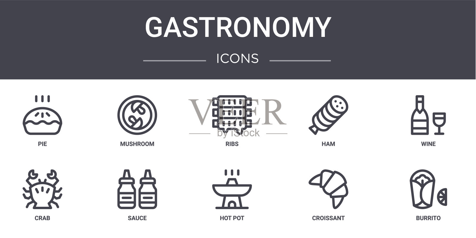 美食概念线图标集。包含图标可用的web，徽标，用户界面/用户体验，如蘑菇，火腿，螃蟹，火锅，羊角面包，玉米煎饼，葡萄酒，排骨插画图片素材
