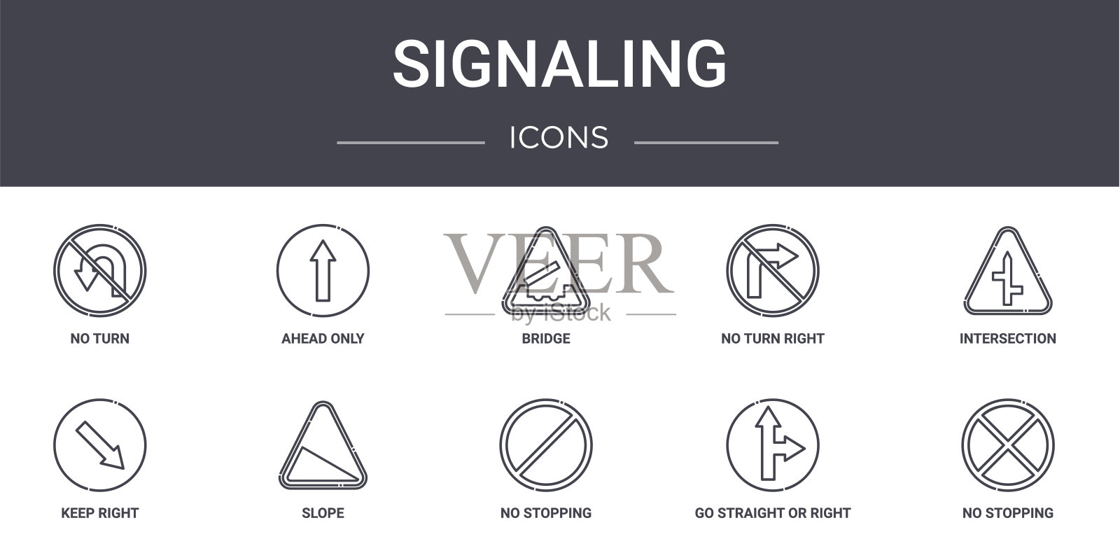 信令概念线图标集。包含图标可用于web, logo, ui/ux，如前面只有，没有右转，保持右，没有停止，直走或右，没有停止，十字路口，桥图标素材