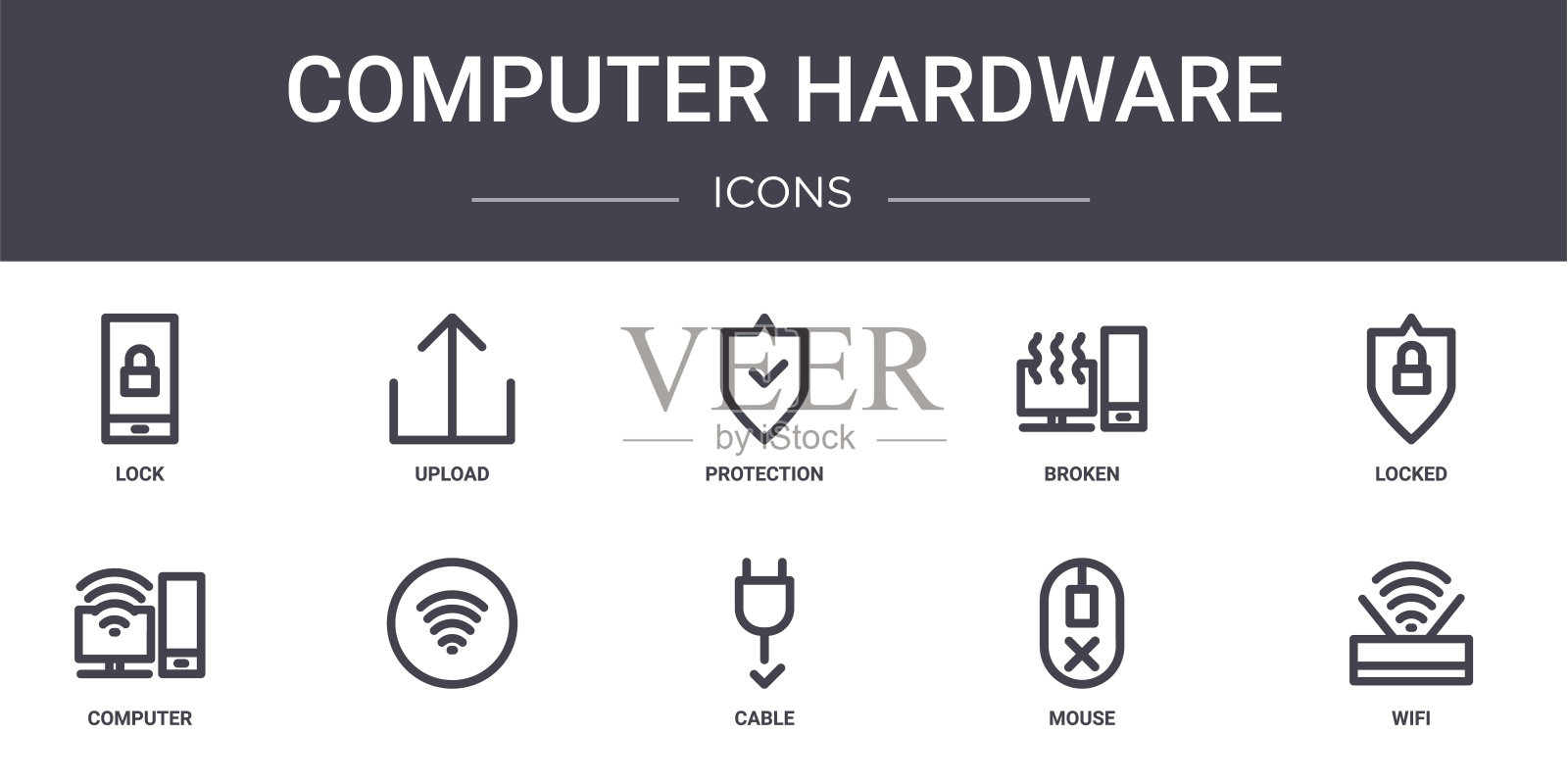 计算机硬件概念线图标集。包含图标可用的web, logo, ui/ux，如上传，破损，电脑，电缆，鼠标，wifi，锁定，保护图标素材