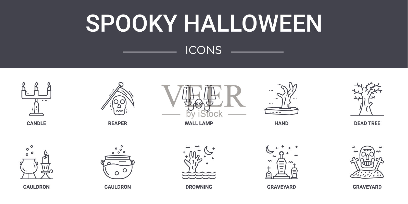 幽灵万圣节概念线图标集。包含图标可用的web，标志，ui/ux，如收割机，手，坩埚，溺水，墓地，墓地，死亡树，壁灯插画图片素材