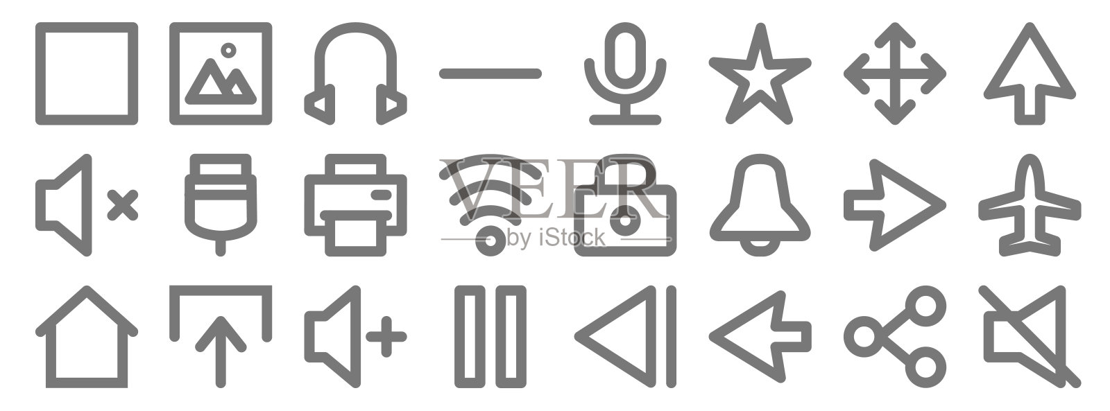 用户界面行图标。线性集。质量矢量线设置，如静音，左，暂停，home，右，打印，向上箭头，记录，图像图标素材