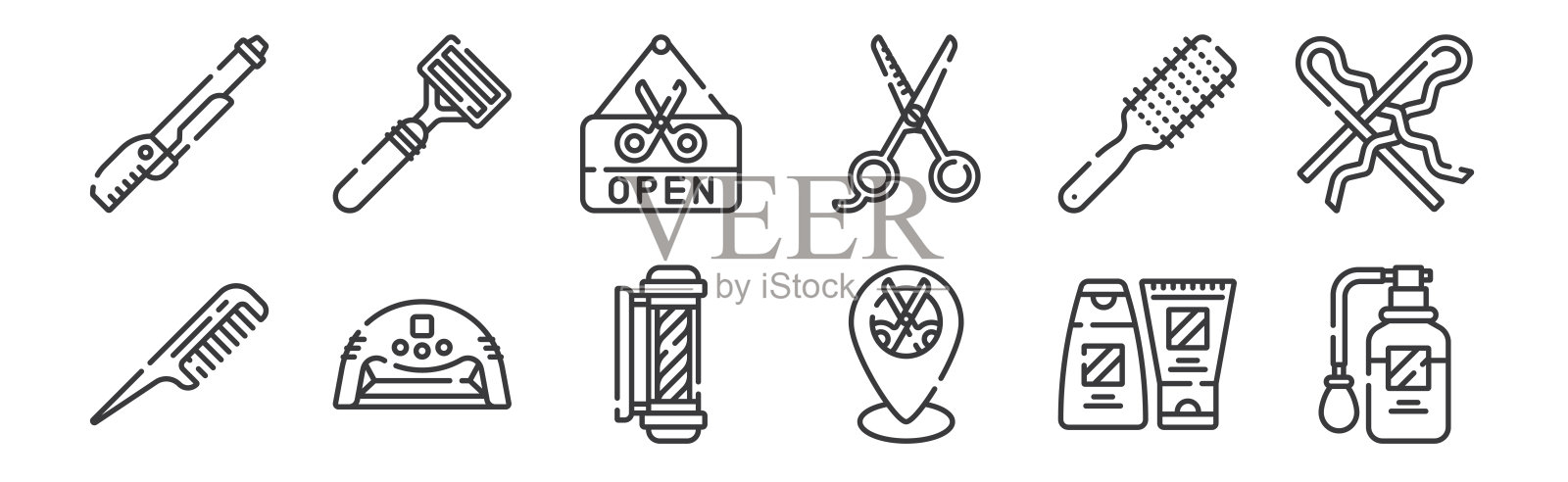 12套线性发型和理发店图标。细轮廓图标，如香水，位置，指甲烘干机，刷子，打开，剃须刀为网页，移动。图标素材