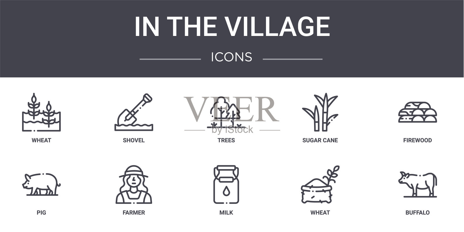 在村的概念线图标设置。包含图标可用的web，标志，ui/ux，如铲，甘蔗，猪，牛奶，小麦，水牛，木柴，树木图标素材