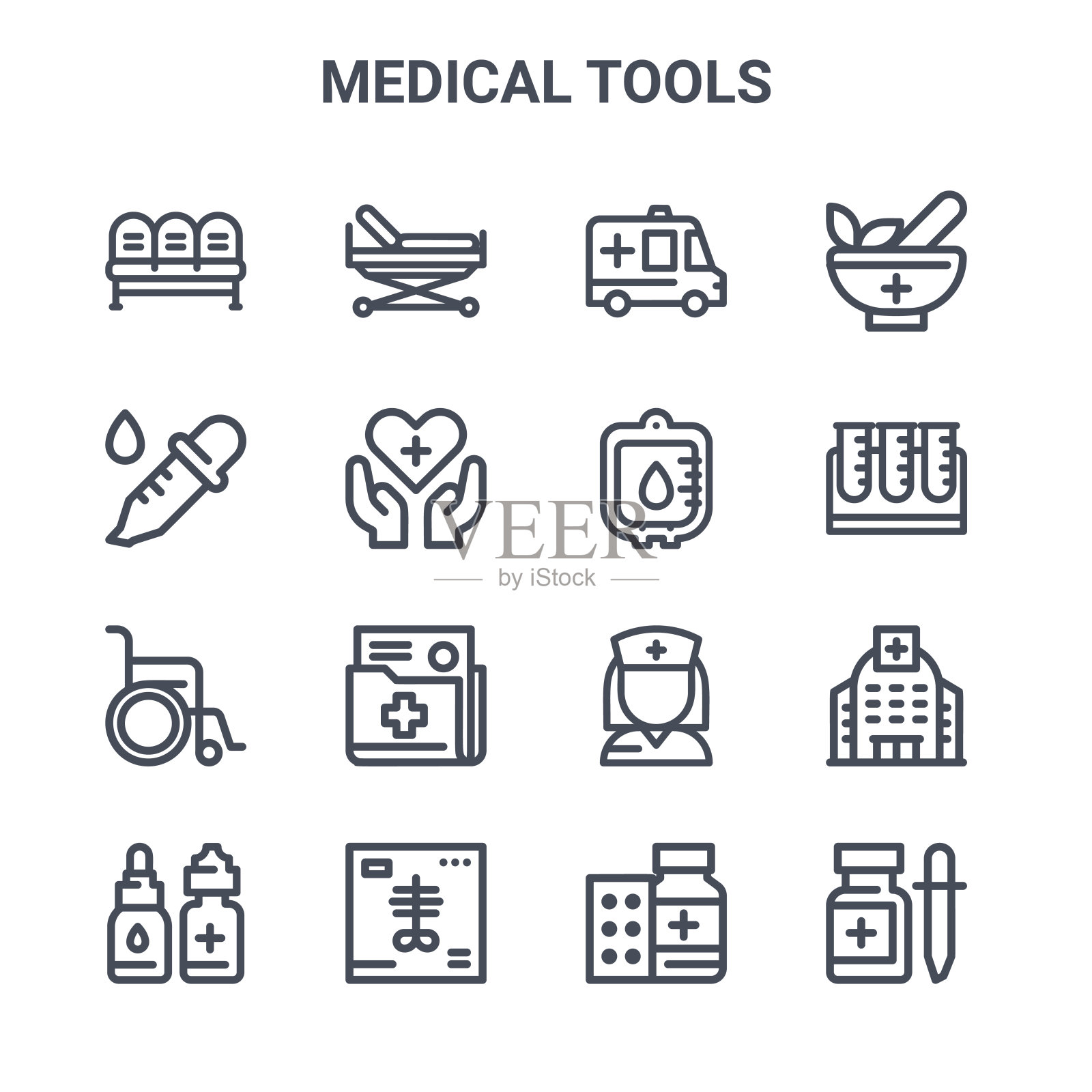一组16个医疗工具概念矢量线图标。64x64细描图标如担架，滴管，试管，护士，x光片，滴药，药药，输血，砂浆图标素材