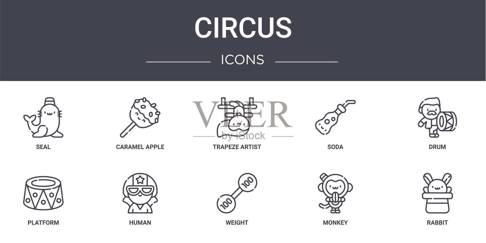 马戏团概念线图标集。包含图标可用的web，标志，ui/ux，如焦糖苹果，苏打，平台，重量，猴子，兔子，鼓，空中飞人图标素材