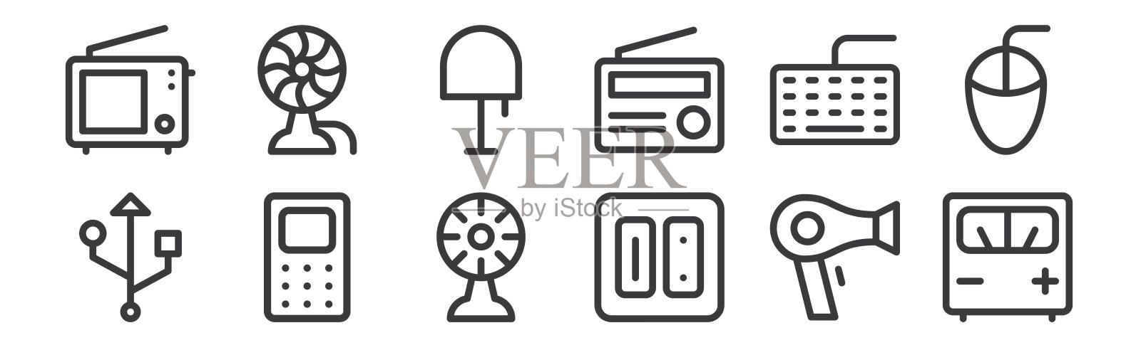 12套线性电子图标。细轮廓图标，如电压指示灯，电源插座，电话，键盘，台灯，网页风扇，手机。图标素材