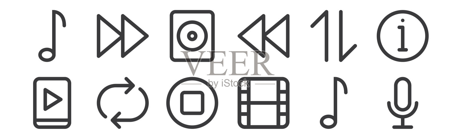 12套线性多媒体图标。薄轮廓图标，如记录，视频，旋转，交换，声音系统，向前为网页，移动。图标素材