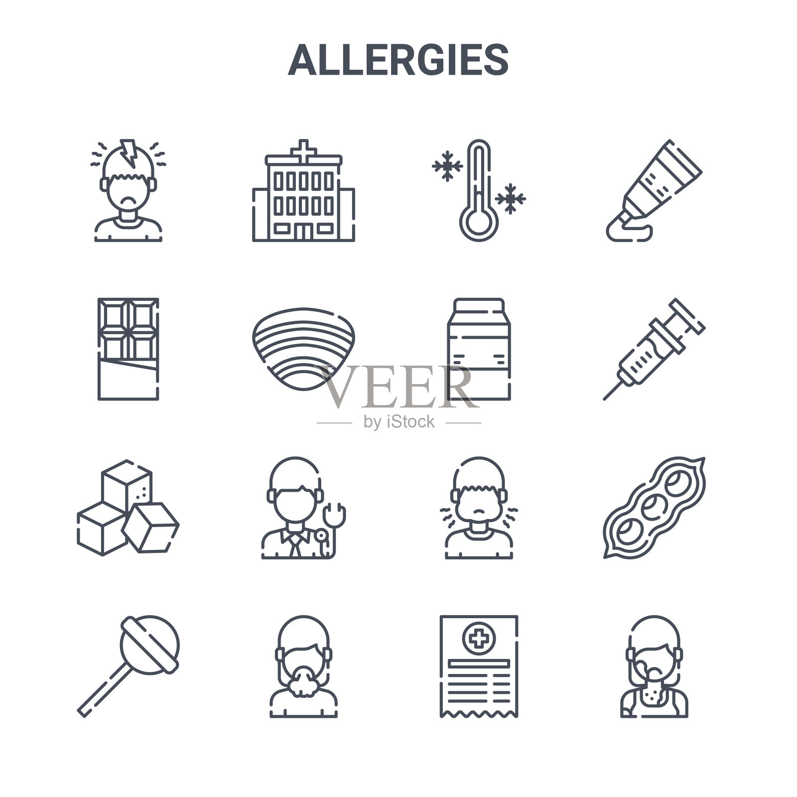 一组16过敏概念向量线图标。64x64细描图标如医院、巧克力、注射、肿胀、咳嗽、皮疹、医疗处方、牛奶、药膏图标素材