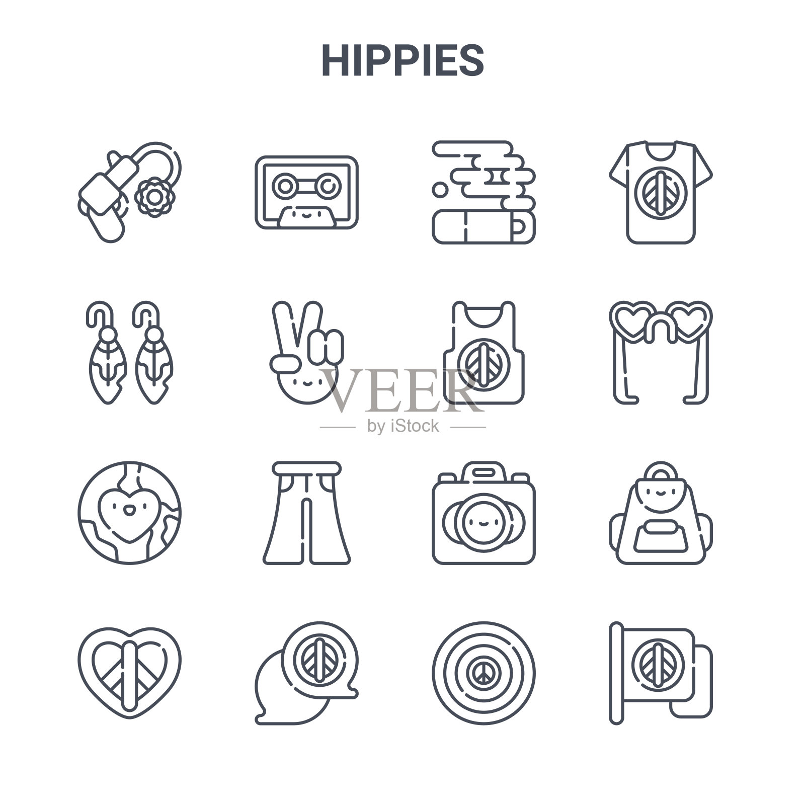 集16嬉皮士概念矢量线图标。64x64薄笔画图标，如盒式磁带，耳环，太阳镜，相机，和平，和平，黑胶，背心，t恤图标素材