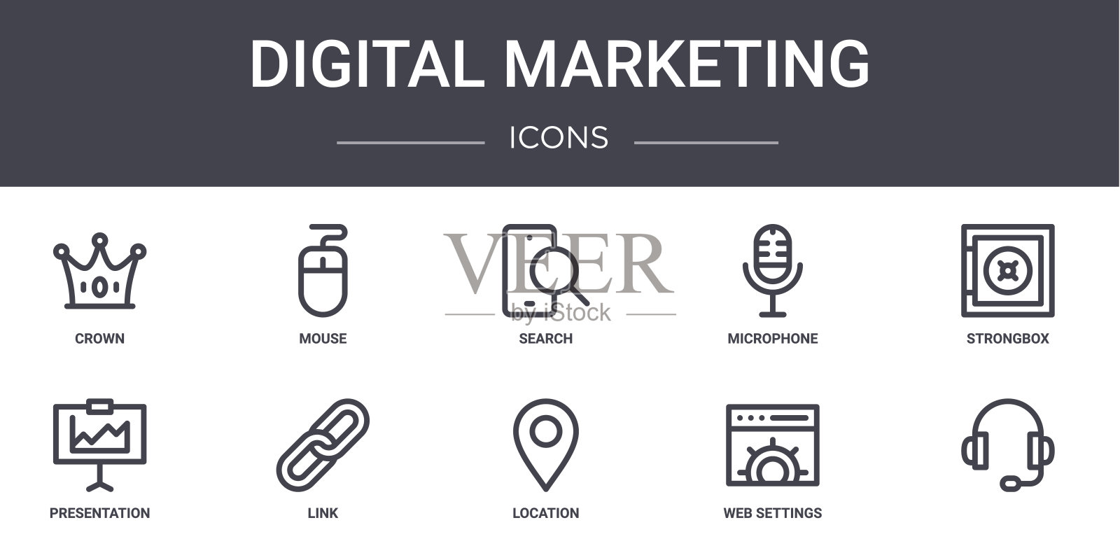 数字营销概念线图标集。包含图标，可用于web, logo, ui/ux，如鼠标，麦克风，演示，位置，web设置，，保险箱，搜索图标素材