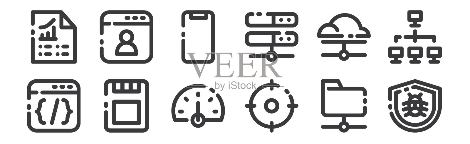 12套线性seo营销图标。细轮廓图标，如bug，范围，ssd，服务器，电话，网页，移动博客。图标素材