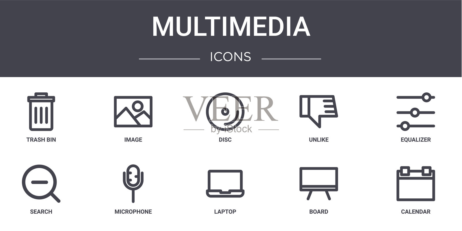 多媒体概念线图标集。包含图标，可用于web, logo, ui/ux，如图像，不像，搜索，笔记本电脑，董事会，日历，均衡器，光盘图标素材