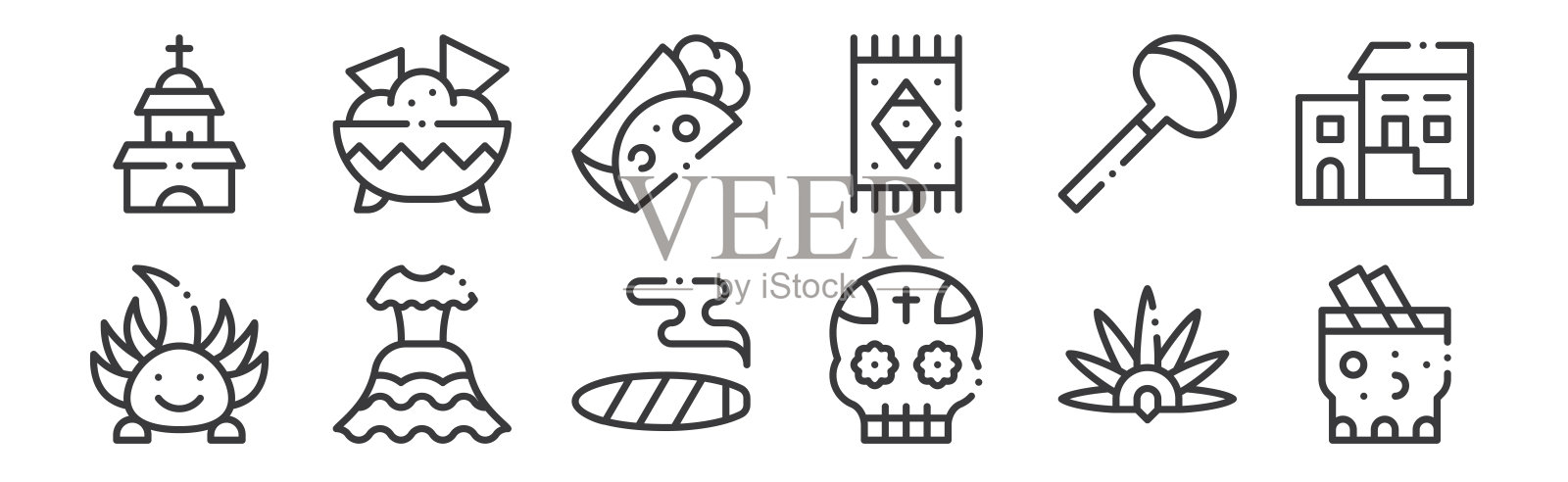 12套线性墨西哥图标。细轮廓图标，如tepache，墨西哥，服装，coa de jima，墨西哥卷饼，玉米片，网络，移动。插画图片素材