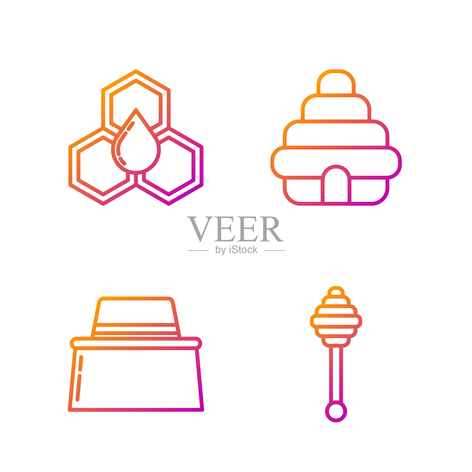 设置线蜂蜜勺棒，养蜂人与保护帽，蜂巢和蜂房的蜜蜂。渐变颜色图标。向量图标素材