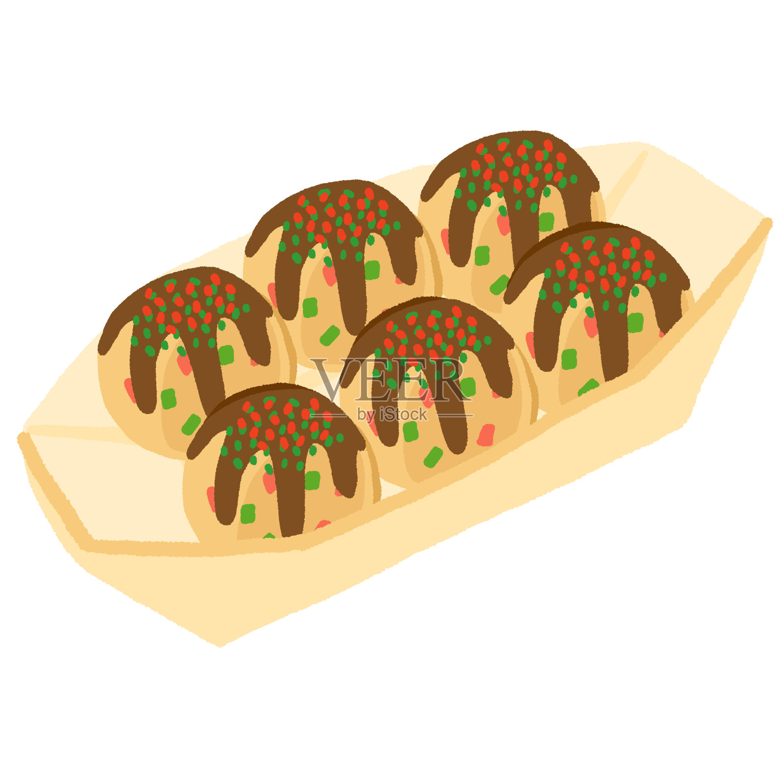 小吃摊上的食物，六块章鱼烧插画图片素材