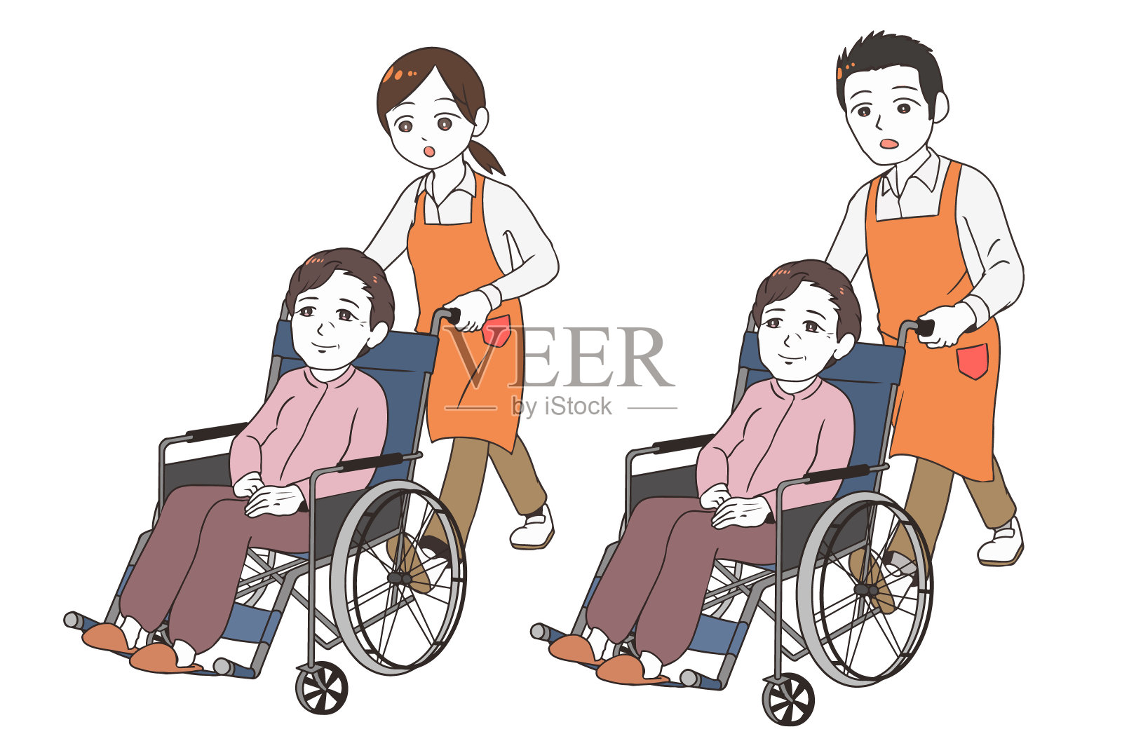 照顾一位老年妇女的助手和一个可疑的表情插画图片素材