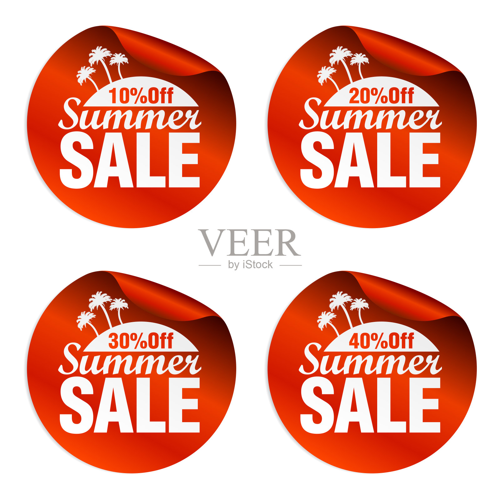 红色的夏季促销贴纸，10%，20%，30%，40%的折扣，有岛屿和棕榈树设计元素图片