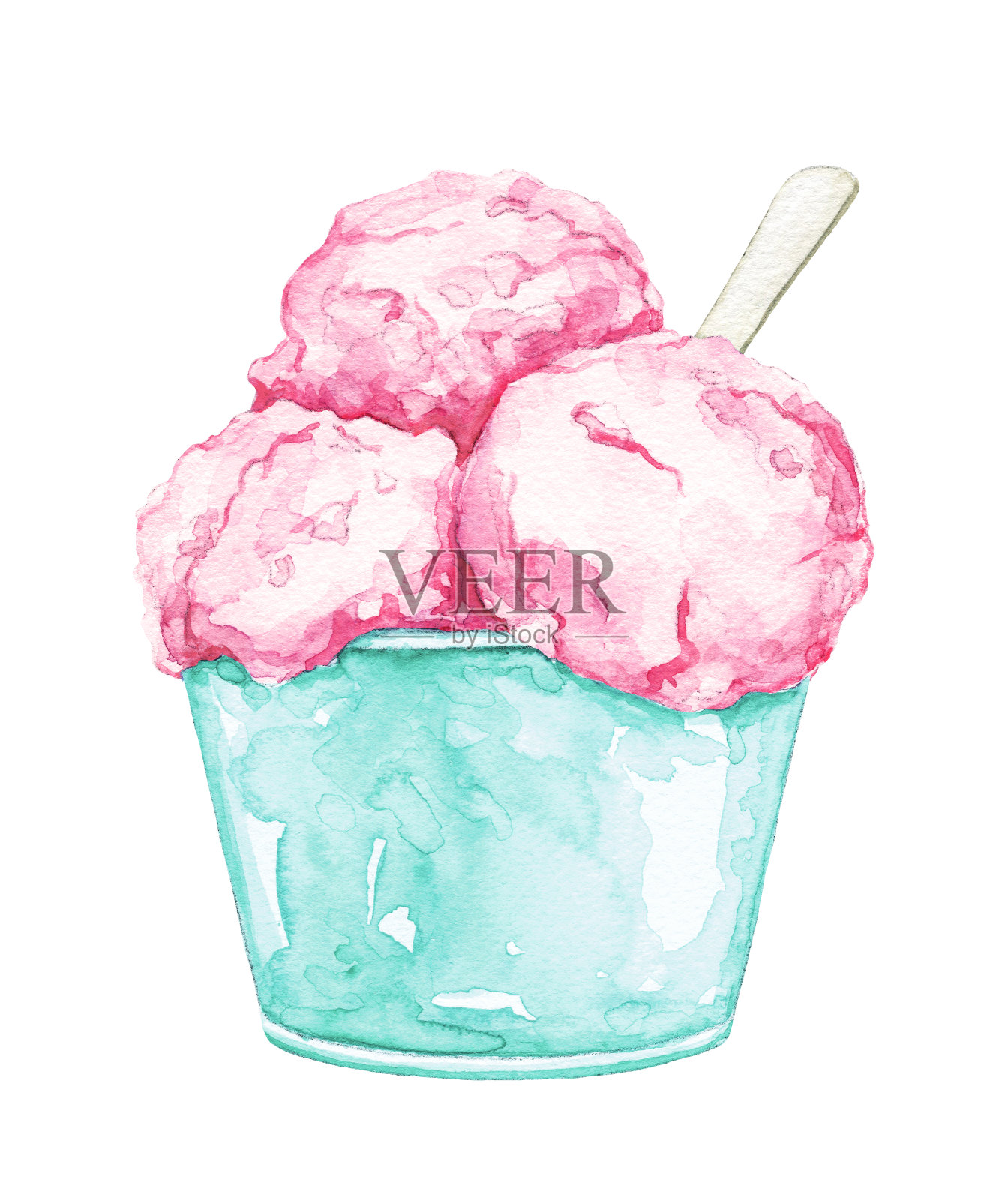 水彩草莓冰淇淋在绿色薄荷碗和勺子设计元素图片