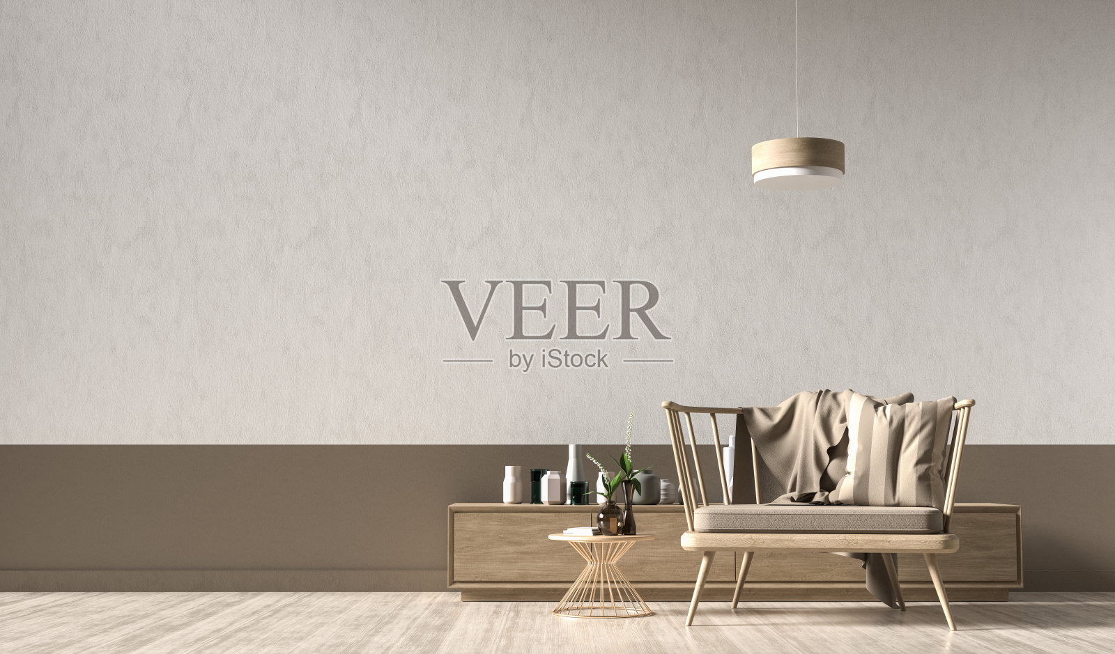 空墙模拟在现代风格的室内木制扶手椅。简约的室内设计。3 d演示。照片摄影图片