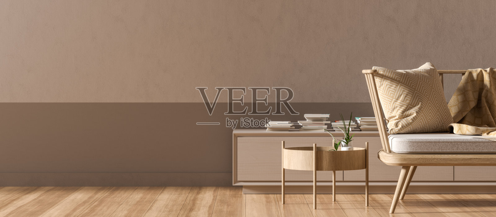 空墙模拟在现代风格的室内木制扶手椅。简约的室内设计。3 d演示。照片摄影图片