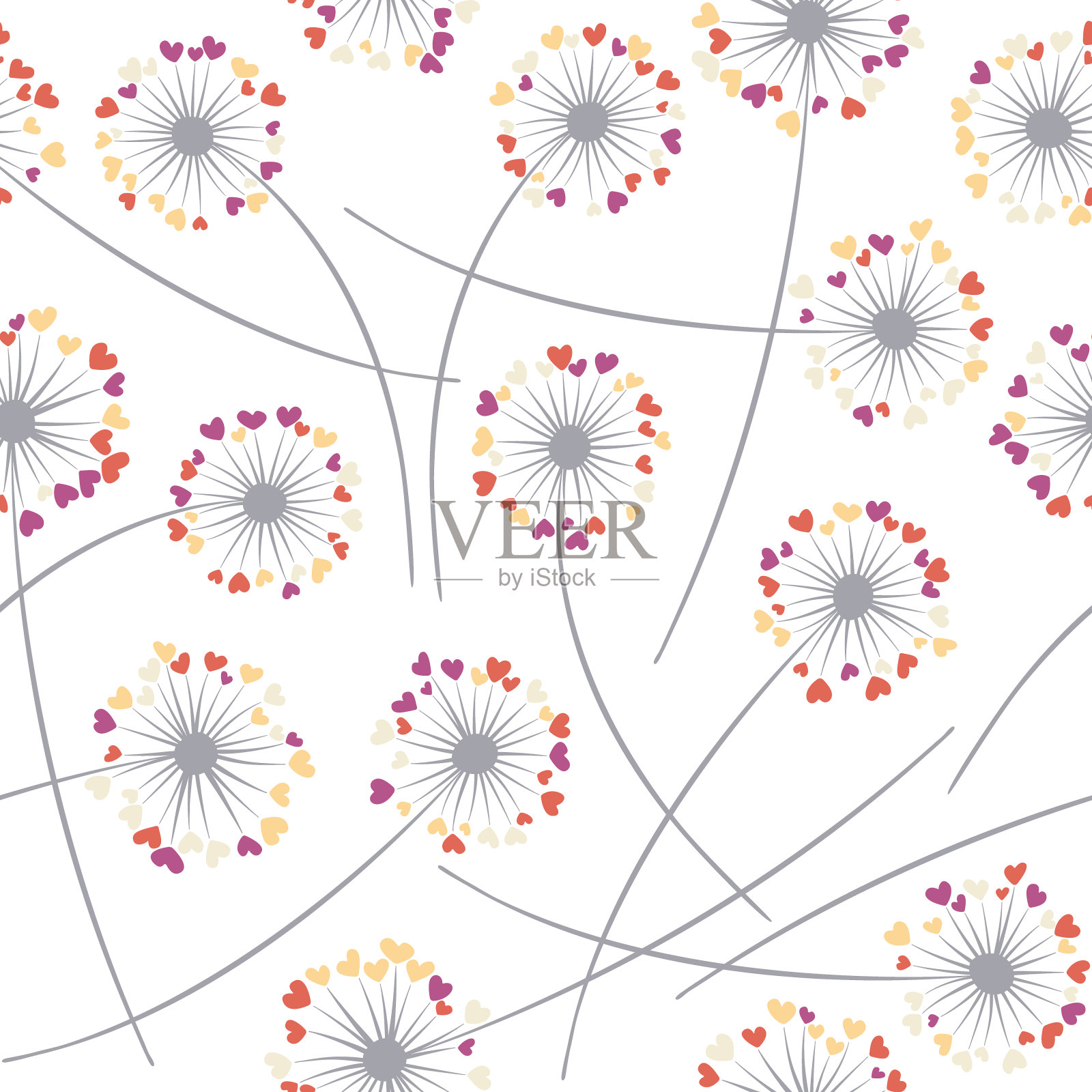 蒲公英吹花植物载体无缝图案。花瓣呈心形。插画图片素材