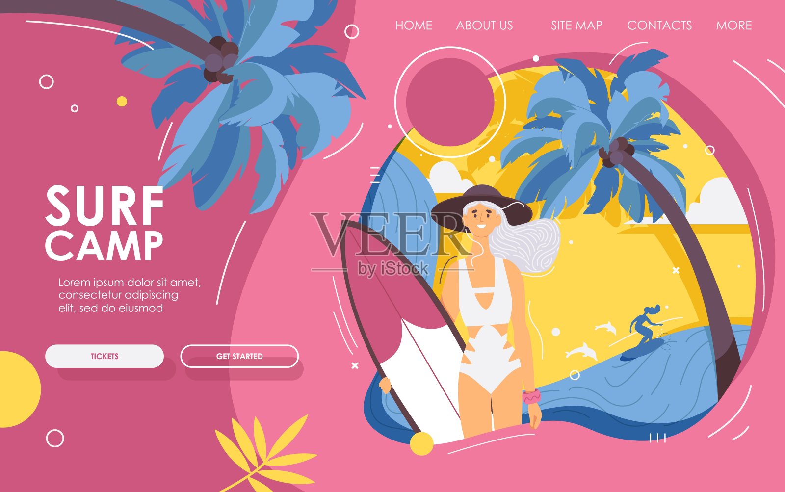 登陆页快乐的女性年轻冲浪者与冲浪板在夏天组成与粉红色的太阳和棕榈树。适合冲浪学校和课程的场景插画图片素材