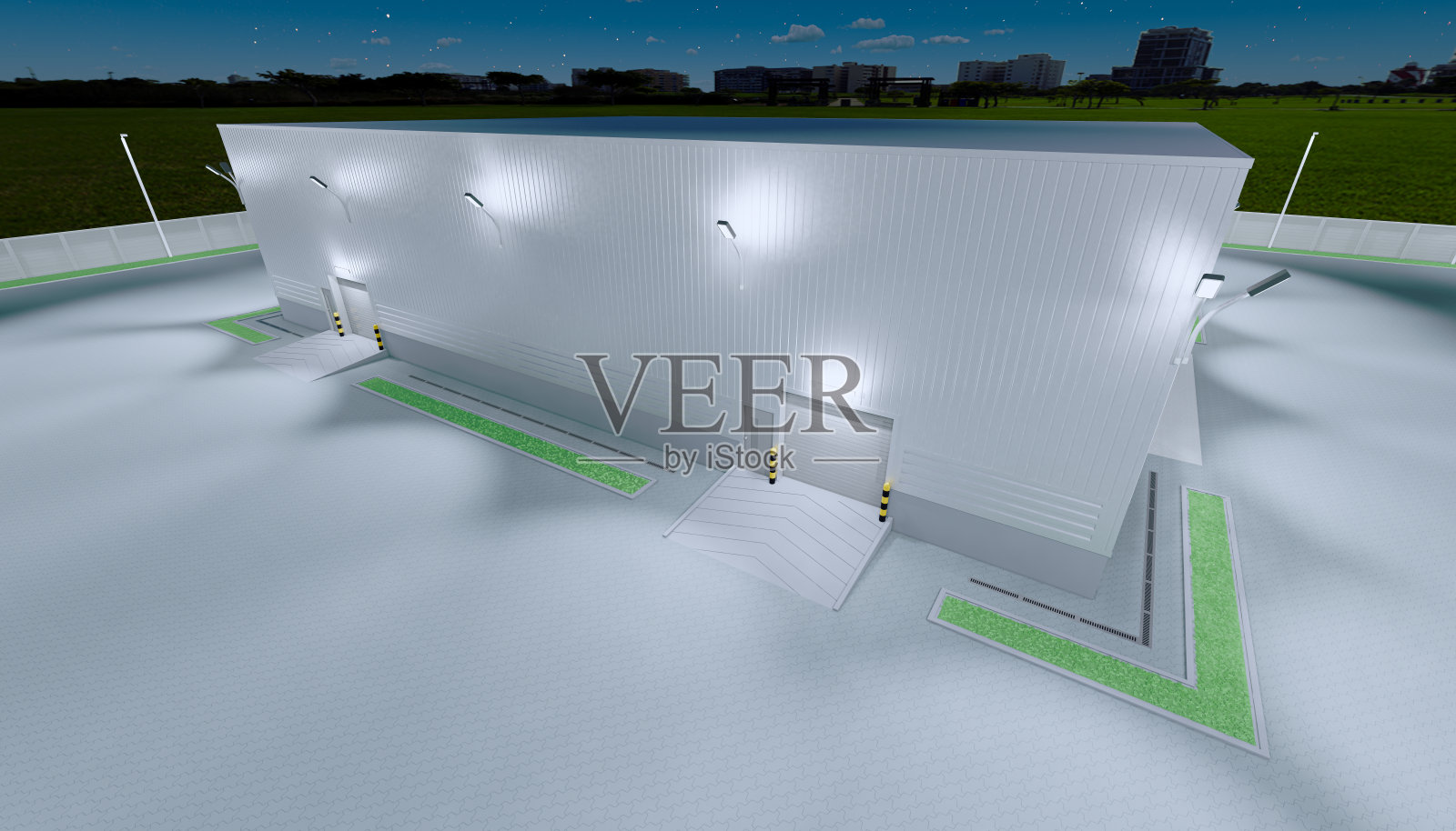 3d渲染机库建筑外部和卷帘门和铺砖地板在晚上的时间。照片摄影图片