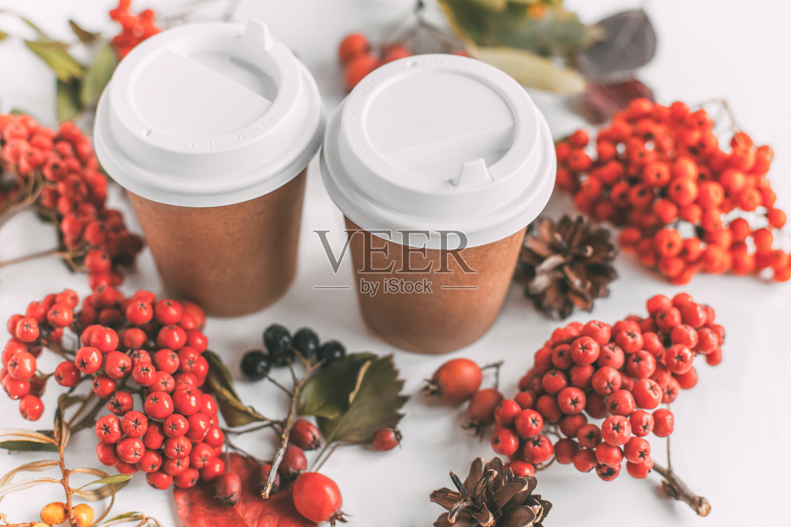 两只纸杯，在秋叶间喝热饮照片摄影图片