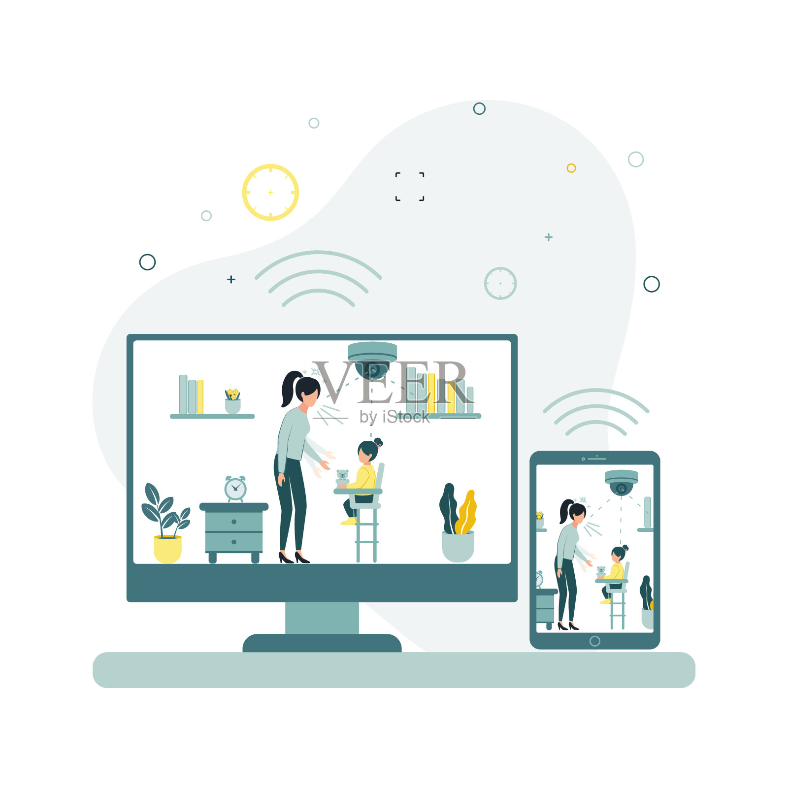 视频监控。一幅矢量图显示，摄像机带走了一个带着冒犯女孩的孩子的保姆，数据被转移到平板电脑上。监视器上有一段监控录像插画图片素材