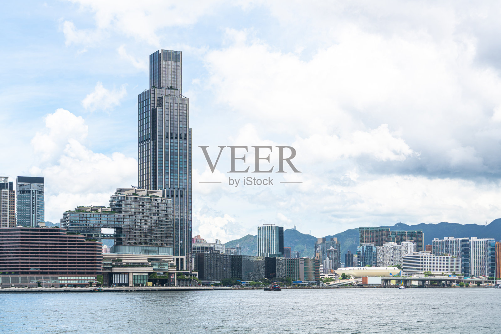 在一个阳光明媚的日子里，从香港维多利亚港对面眺望尖沙咀的九龙天际线照片摄影图片