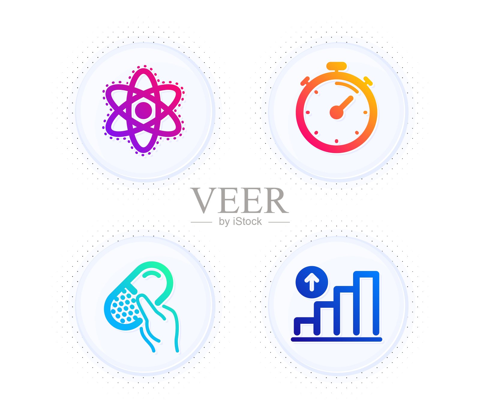 胶囊药丸，定时器和化学原子图标设置。图图表的迹象。向量图标素材