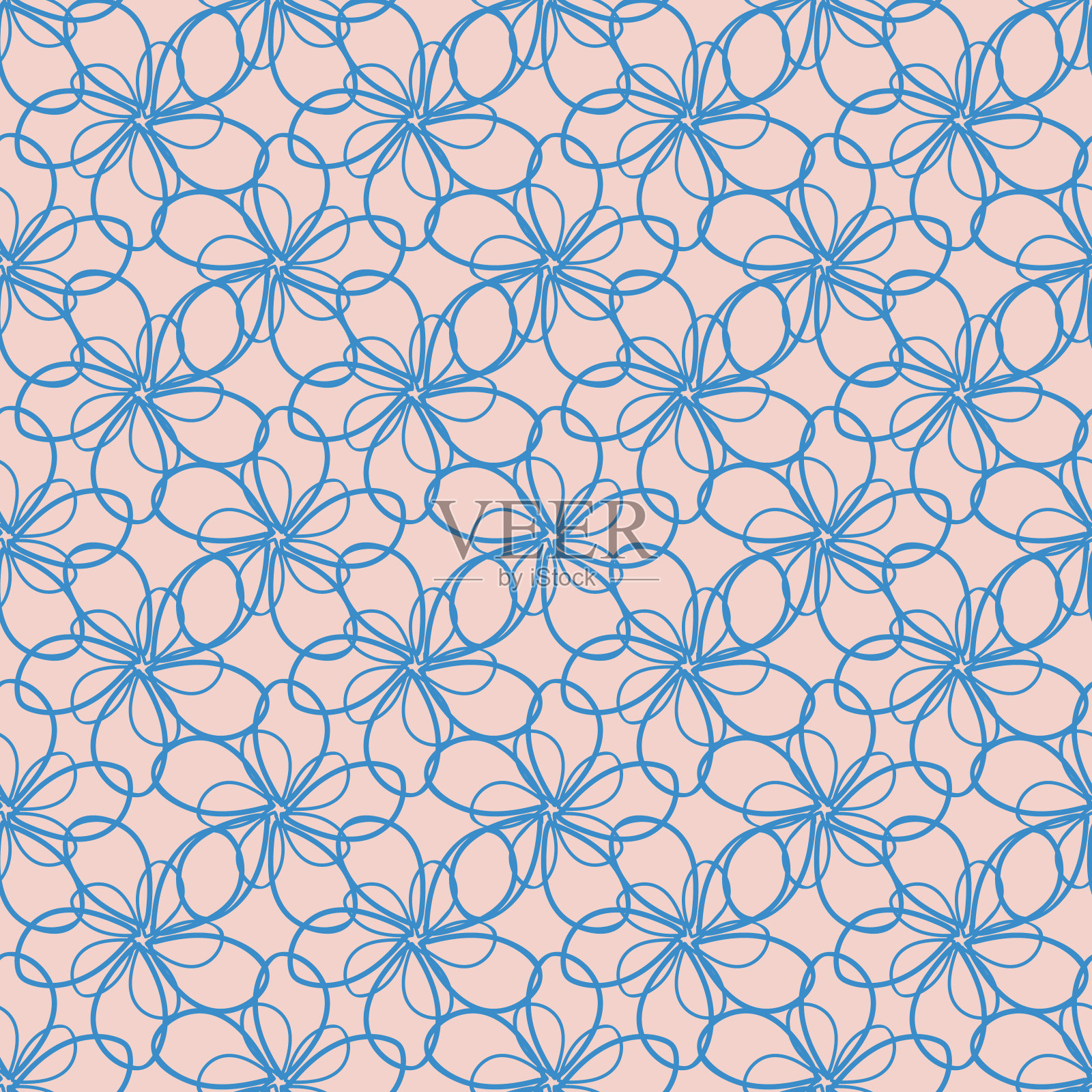 向量抽象花墙无缝向量图案背景。粉红色的背景蓝色重叠轮廓花密集潦草网格编织效果。植物纹理全印刷包装插画图片素材