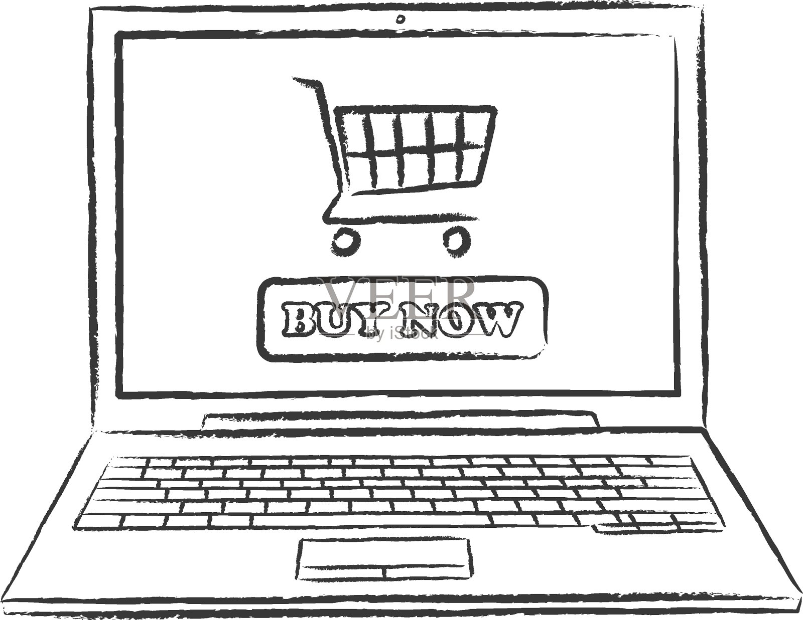 屏幕上有网上购物车的笔记本涂鸦。手绘卡通风格的涂鸦矢量插图。插画图片素材