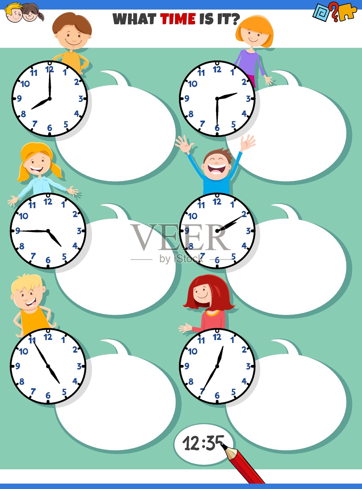 讲述时间与卡通儿童的教育任务插画图片素材