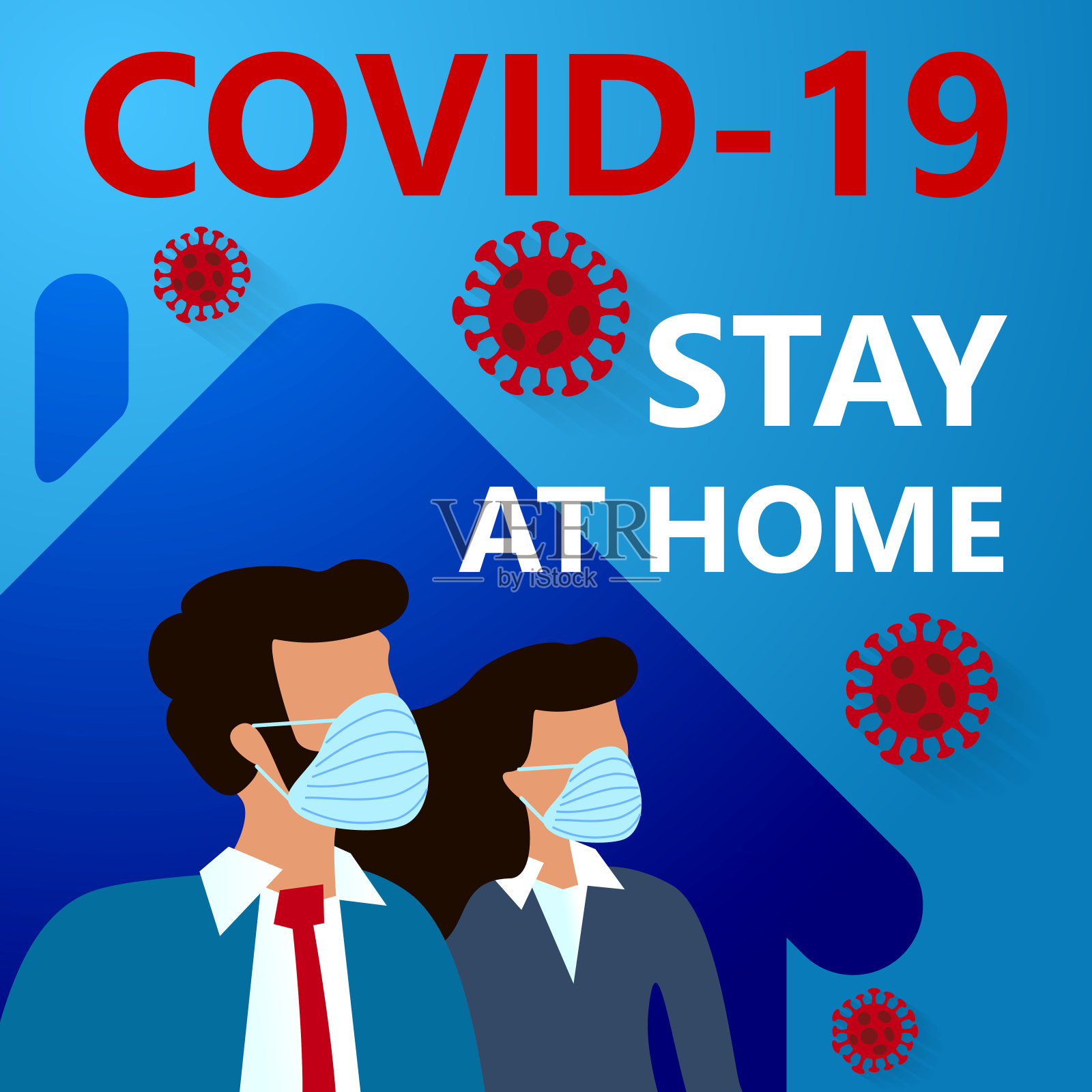 COVID-19新型冠状病毒2019-nCoV的隔离和留在家里的蓝色背景。穿着医用口罩的男女2019冠状病毒疾病大流行防护概念插画图片素材